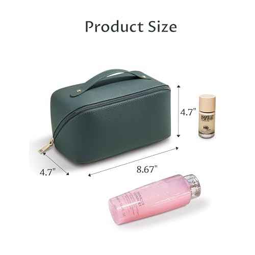 Yarnic Green Travel Makeup Bag Pouch Cosmetic Bag, Large Capacity Toiletry Bag for Women, Portable Pouch Cute Make Up Organizer with Divider and Handle, PU Leather (Gray Green)