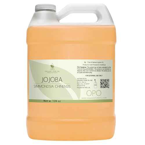 Golden Jojoba Oil - Pure Cold Pressed, Non-GMO, Bulk 128 oz - 1 Gallon Hohoba Carrier Oil for DIY, Formulations, Essential Oils, Cleansing, Moisturizer for Face, Hair, Body, by Organic Pure Oil