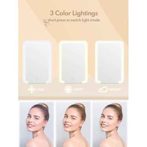 Qislee Magnetic Locker Mirror, 8 x 5 inches Travel Makeup Mirror with Light and Foldable Stand, 3 Color Modes Touch Dimming, Perfect Travel Accessory, White