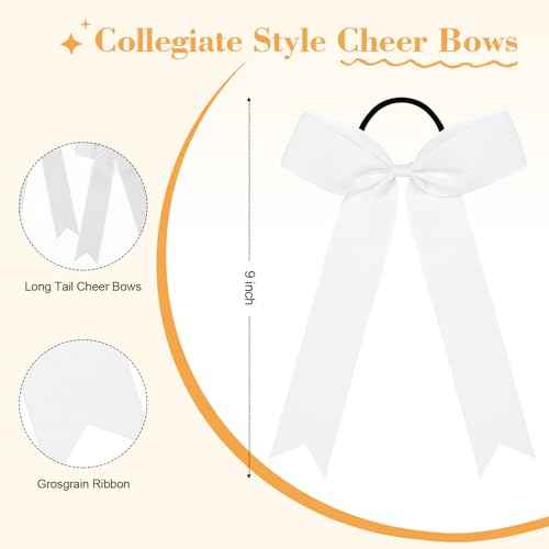 CEELGON 20 PCS College Style Cheer Bows Collegiate Long Tail Skinny Cheer Bow Elastic Hair Tie Bows for Teens Girls Softball Competition Sports Cheerleaders (White)