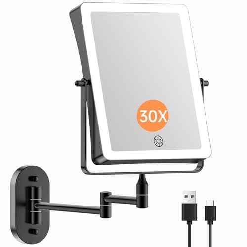 FASCINATE 5000mAh Rechargeable Wall Mounted Makeup Mirror, 8.7" Double Sided Touch Switch 1X 30X Rectangle Magnifying Mirror with Light, 3 Color Setting, Extended Arm 360¡Æ Swivel Foldable Black