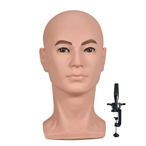 PVC Male Mannequin Head Professional Training Head Bald Manikin Head with Shoulder for Display Headphone Game Console Hats Wigs Jewellery Glasses Facemask Caps Model Head