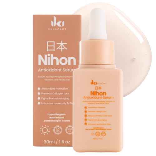 NIHON Antioxidant Serum - Kojic Acid + Ferulic Acid & Vitamin E and Vitamin C Serum for Face - Brightens, Evens Tone & Protects - Clean, Fragrance-Free, Cruelty-Free - 30ml