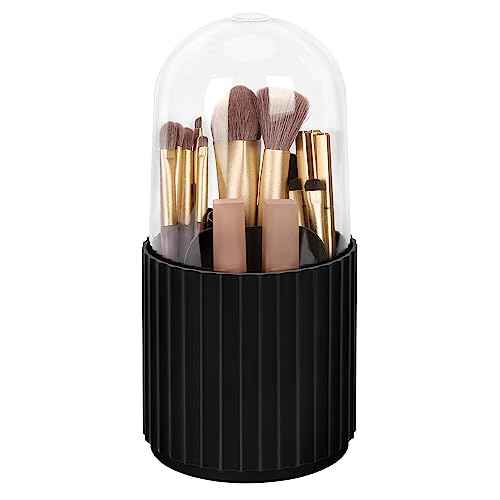 JessLab Makeup Brush Holder Organizer with Lid, 360 Degree Rotatable Spinning Cosmetics Holder Display for Bathroom Vanity Countertop, Black