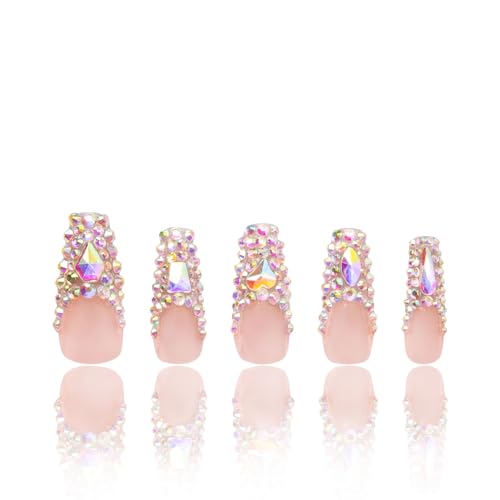 LOVFUL Press on Nails Angel's Tear Rhinestone | Handmade with Full Covered Crystals | Reusable Full Cover Nails | Coffin Classic Regular 1.3 in | H48-M