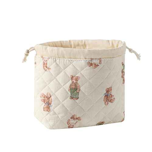 Cotton Quilted Drawstring Makeup Bag with Canvas Lining,Coquette Aesthetic Cute Travel Toiletry Bag,Drawstring Gift Bag for Women and Girls£¨04White Bear£©