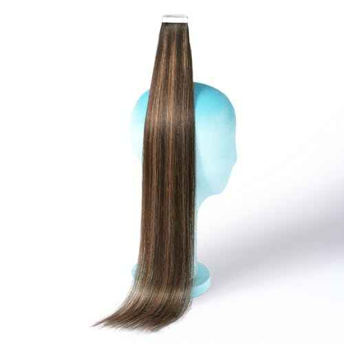 DNE Tape in Hair Extensions Real Human Hair 24 inches 20Pcs/50g/Pack Seamless Dark Brown to Chestnut Brown#T2-P2/6 Straight Invisible Double Sided Tape in Hair Extensions for Women/Girls