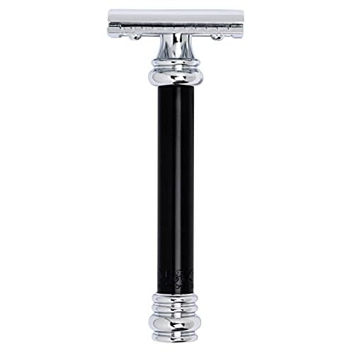 MERKUR 38B Double Edge Safety Razor - Black Handle | Extra Large Barber Pole Grip Brass Handle | Made in Germany | Plastic-Free | Two Piece Design | Closed Comb | Straight Bar