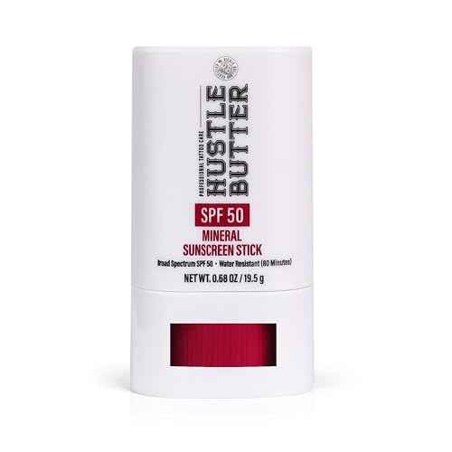 Hustle Butter Tattoo Aftercare Sunscreen Stick - Tattoo Sunscreen Stick, Fade Protection SPF 50, Hydrating with Shea Butter & Coconut Oil, TSA-Friendly, Water Resistant, Non-Greasy, 0.68 oz