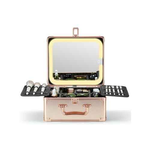 Qislee Makeup Box with A Detachable Lighted Mirror, Waterproof Travel Train Case, Cosmetic Organizer and Makeup Suitcase with Adjustable Dividers, Magnetic LED Mirror(Rose Gold)