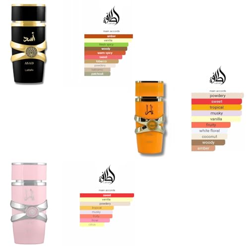Lattafa for Unisex 3 Piece Eau de Parfum Gift Set (Yara for Women + Yara Tous for Women + Asad for Men) 3.4 Ounce/100 ml each
