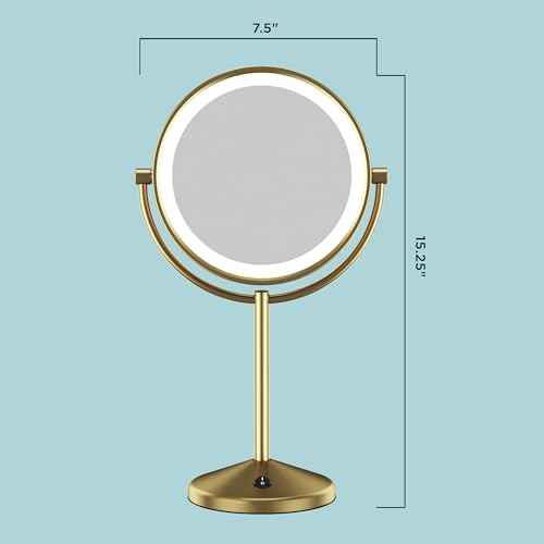 Conair Lighted Makeup Mirror, LED Vanity Mirror, 1X/10X Magnifying Mirror, Double Sided, Battery Operated in Brushed Brass