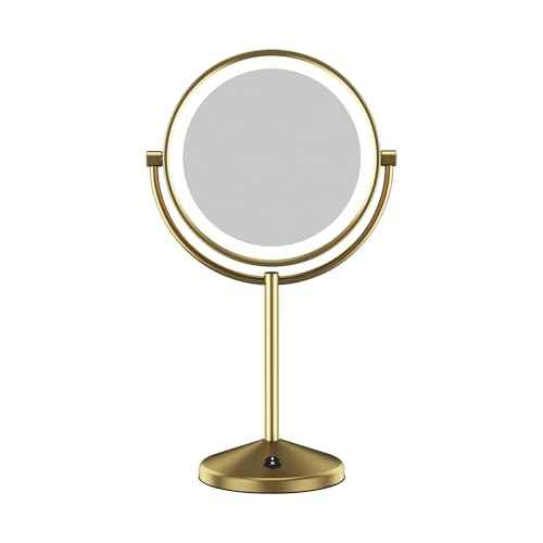 Conair Lighted Makeup Mirror, LED Vanity Mirror, 1X/10X Magnifying Mirror, Double Sided, Battery Operated in Brushed Brass