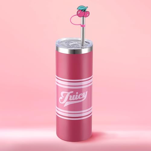 Juicy Couture Glam Slip 24oz Stainless Steel Hydration Tumbler with Straw Topper, Hot Pink Varsity