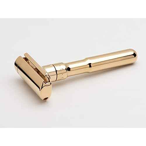 MERKUR FUTUR 702 Adjustable Double Edge Safety Razor - Bright Gold, Adjustable Razor With Dial, Made in Germany, Plastic-Free, Snap-On Cap Design, Straight Bar