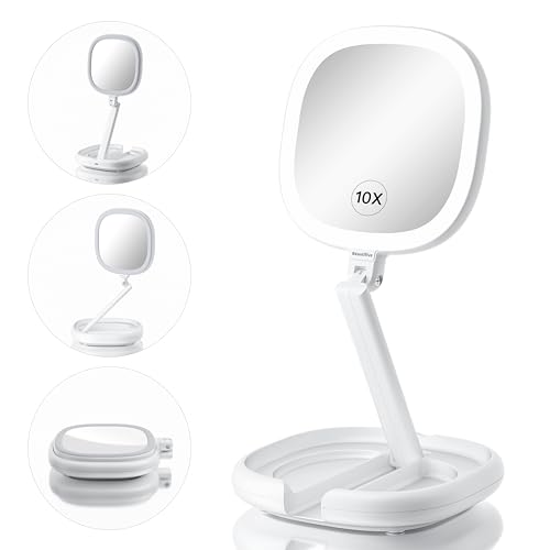 6.3¡± Makeup Mirror with Light and Magnification, 10X/1X Light Up Makeup Mirror Lighted Make Up Mirror with Adjustable Height Double Sides Folding Magnifying Mirror with Light