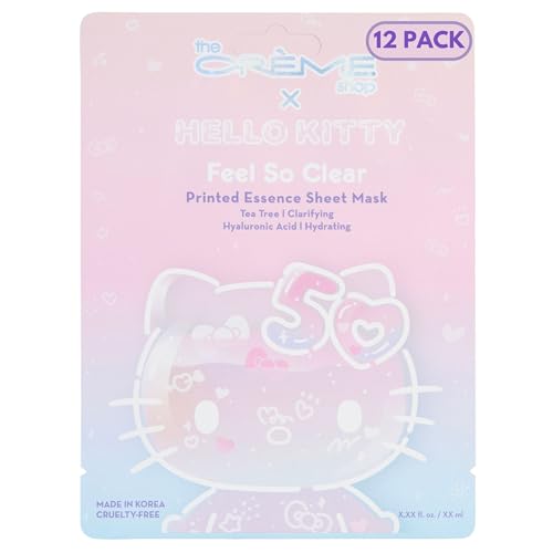 The Cr?me Shop x Hello Kitty Feel So Clear Printed Essence Sheet Mask, Clarifying and Hydrating Face Mask with Tea Tree and Hyaluronic Acid - 50th Year Anniversary Limited Edition - (Pack of 12)
