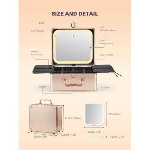 Qislee Makeup Box with A Detachable Lighted Mirror, Waterproof Travel Train Case, Cosmetic Organizer and Makeup Suitcase with Adjustable Dividers, Magnetic LED Mirror(Rose Gold)