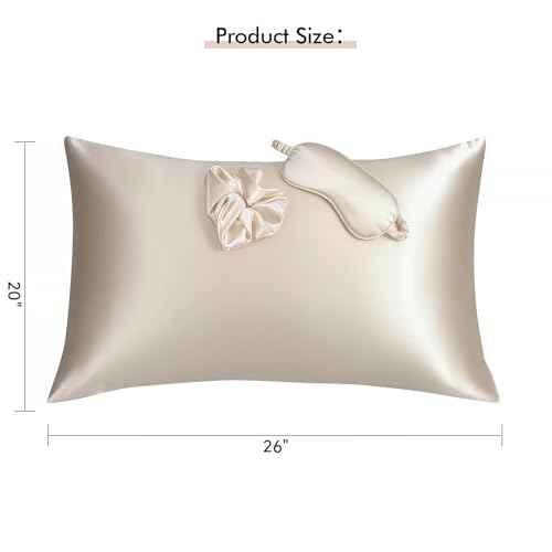 Vegan Silk Sleep Set, Vegan Silk Pillowcase with Large Scrunchie and Eye Mask for Hair and Skin, Self Care Essential Satin Night Routine Kit (Champagne Color)