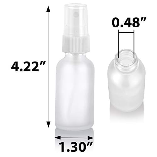 JUVITUS 1 oz Clear Frosted Glass Boston Round Bottle with White Fine Mist Spray (24 pack) + Funnel