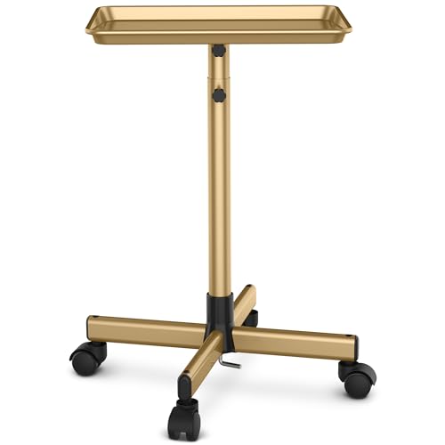 TASALON Premium Salon Tray on Wheels, Aluminum Salon Rolling Tray Trolley for Salon Essentials, Adjustable Height Provides Ample Storage for Hairstylist Tray, Tattoo Tray and Clinic Tray Use - Gloden