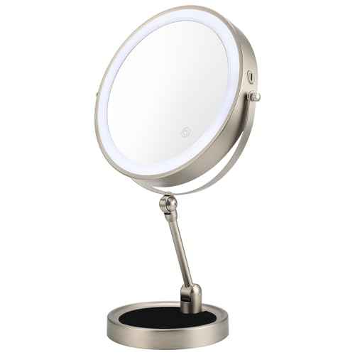 9" Lighted Makeup Mirror,1X/10X Magnifying Vanity Mirror with Height & Brightness Adjustable,Rechargable Makeup Mirror,360¡ÆRotation Double Sided Standing Desk Mirror (Satin Nickel)