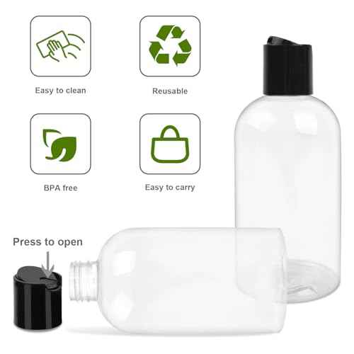 20 Pack 8 oz Empty Plastic Bottles with Black Disc Caps Reusable Clear Leak-Proof Travel Squeeze Containers for Shampoo Conditioner Toiletries Liquid Soap