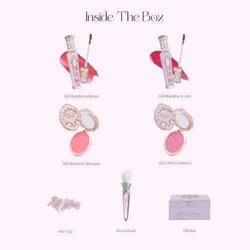Flower Knows Violet Strawberry Rococo Gift Box Set,7-Piece Makeup Box with Mirror,Lip Gloss¡¿2+Blush¡¿2+Blush Brush¡¿1+Hair Clip¡¿1+Gift Box¡¿1,Perfect Makeup Gift for Girls & Women