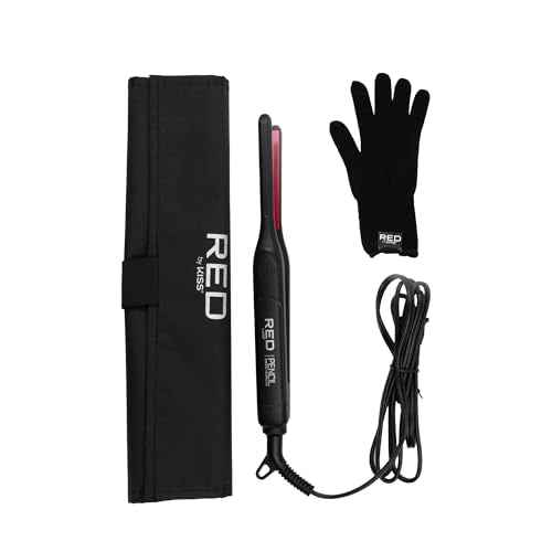 Red by Kiss Pencil Flat Iron up to 450¡ÆF Thin Small Tourmaline Ceramic Plate 0.3 inch (3/10") for Women and Men, Short to Medium Hair, Pixie Cut, Bangs, Edges.. A Travel Pouch and a Glove Included