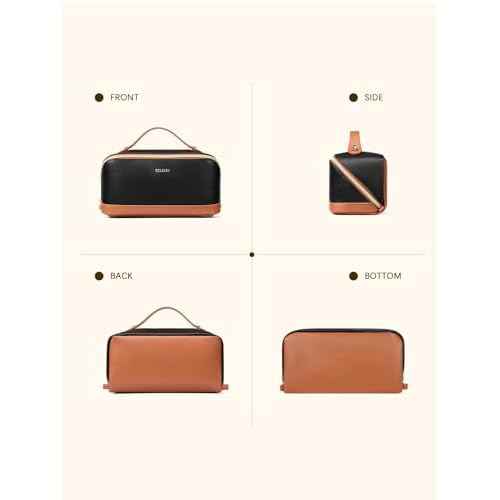 Telena Leather Make Up Bag Portable Travel Makeup Bag Waterproof Cosmetic Bags for Women Large Capacity With Handle and Divider Open Flat