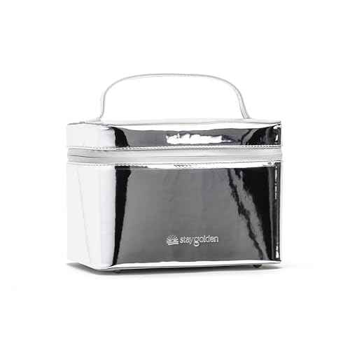 Stay Golden Metallic Silver Insulated Waterproof Makeup Bag for Women Heat-Resistant Travel Cosmetic & Toiletry Bag | Luxurious Vegan Leather Portable Makeup Organizer - Large