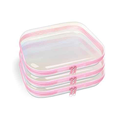 Clear Hard Shell Zipper Case,3PCS Transparent Clear Laser Zipper Pouches,Hard Side Plastic Case Set,Portable Travel Storage Organizer Bins