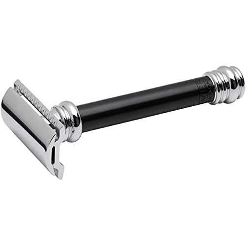 MERKUR 38B Double Edge Safety Razor - Black Handle | Extra Large Barber Pole Grip Brass Handle | Made in Germany | Plastic-Free | Two Piece Design | Closed Comb | Straight Bar