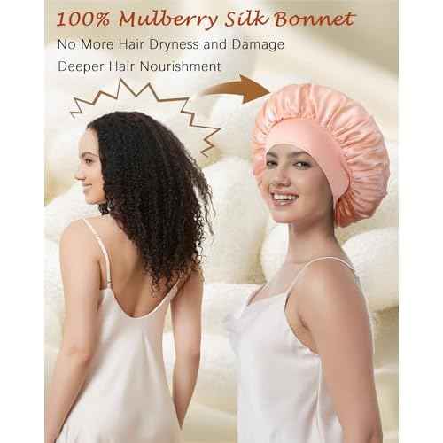 100% Mulberry Silk Bonnet for Sleeping Women, Real Pure Silk Bonnets, Double Layer Sleep Cap with Elastic Band for Curly Hair