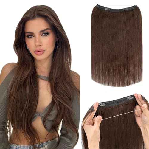 Hairro Wire Hair Extensions Human Hair, Fish Line Invisible Adjustable & Clips in Extensions Straight, 100% Real Hairpieces Seamless Blending for Women, 16 Inch 80g Dark Brown