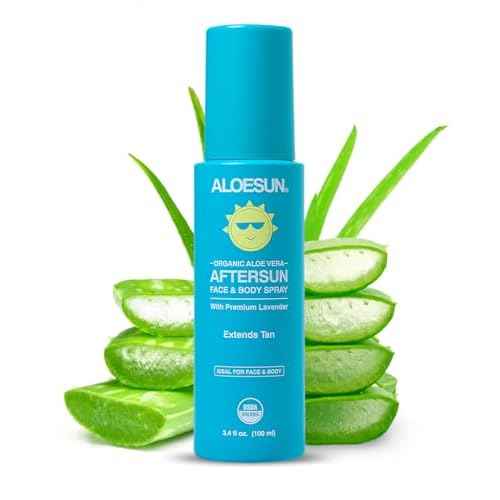 ALOESUN After Sun Face and Body Spray | Non Sticky Organic Aloe Vera for Sun Exposure Relief with Pure Lavender Essential Oil | Natural Aftersun Skin Moisturizer for Redness | Travel Size 3.4 Fl Oz