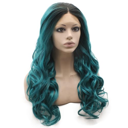 MX angel Long Wavy Ombre Blue Wig Half Hand Tied Synthetic Lace Front Wig Fiber Hair Costume Party Wig