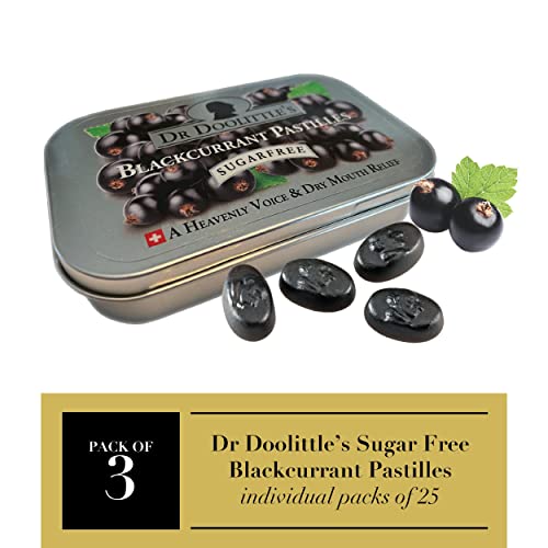 Dr. Doolittle¡¯s Sugar Free Soft Fruit Pastilles for Voice and Throat, Blackcurrant Flavor, 2.12 Ounce Tin, approximately 25 Count Package, 3 Pack