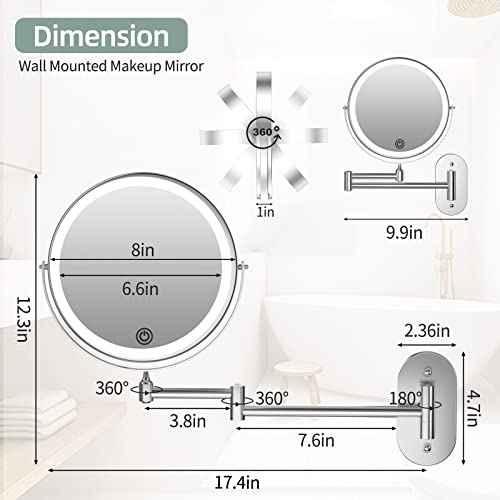 Rechargeable Wall Mounted Lighted Makeup Vanity Mirror 8 inch 1X/10X Magnifying Bathroom Mirror with 3 Color Lights, Double Sided with Dimmable LED Lights, Extended Arm 360¡Æ Swivel Extension Mirror