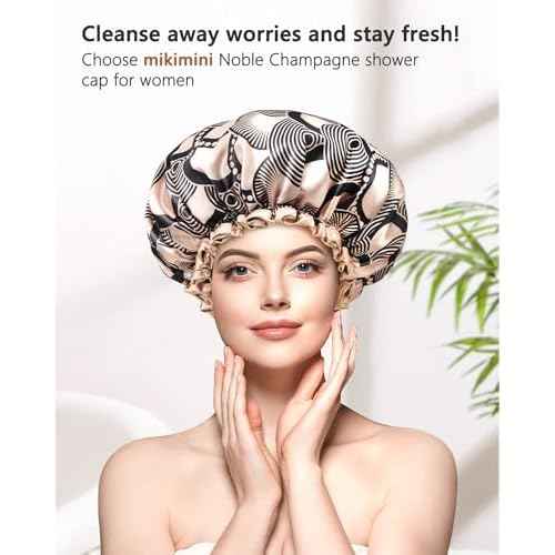 mikimini Champagne Large Shower Caps Pack of 2, Shower Cap for Women Long Hair with Black Lace, Reusable Waterproof Shower Hat for Girls