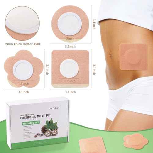 Castor Oil Belly Button Patch Set ? 60pcs Castor Oil Patches in 3 Shapes with 4oz Organic Cold-Pressed Castor Oil Glass Bottle ? Disposable, Leakproof, Skin-Friendly Castor Oil Pack Wrap