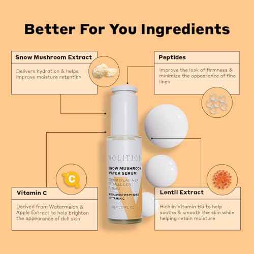 Volition Beauty Snow Mushroom Water Serum with Peptides + Vitamin C | Floods Skin with Moisture & Hydration | Visibly Minimizes Lines, Wrinkles & Pores | Soothes Redness & Improves Skin Texture