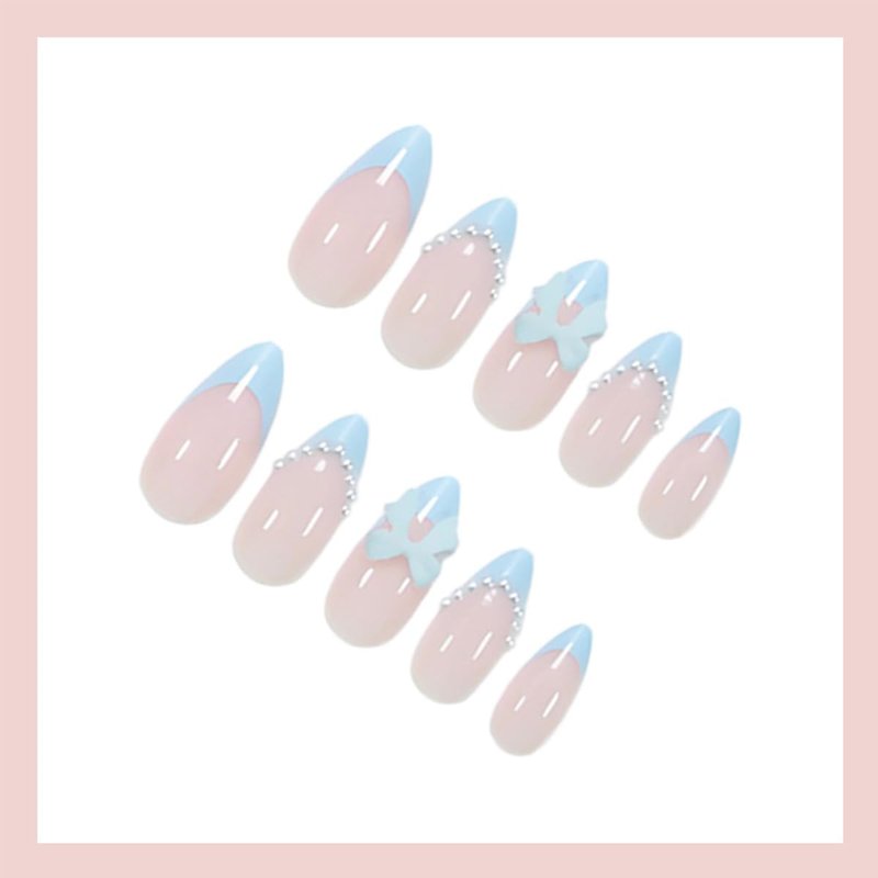 Blue French Tip Press-On Nails - 24Pcs Medium Almond Acrylic with Pearl Glossy 3D Bow Designs for DIY Manicure