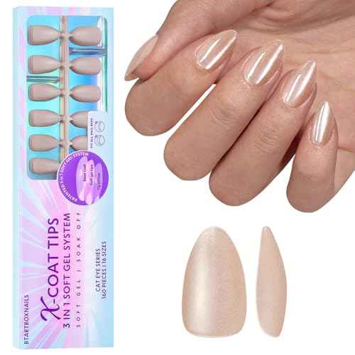 BTArtboxnails Cat Eye XCOATTIPS - Soft Gel Almond Nail Tips, Glitter Press On Nails Short, Soak Off Acrylic Fake Nails Glue On Nails In 16 Sizes - 160 Nail Extension Set, Aurora