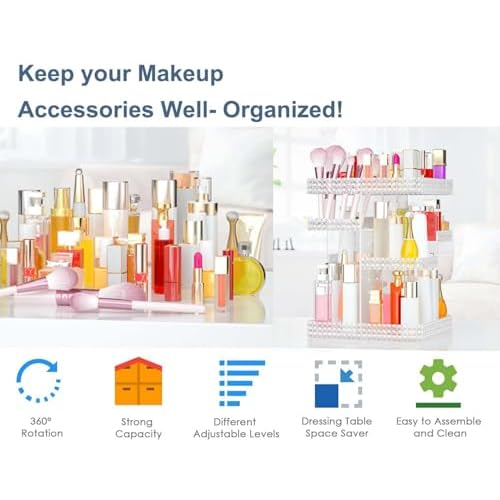Rotating Makeup Organizer, Large Capacity Cosmetic Display Case, Acrylic Skincare Organizer with Makeup Brush, Makeup Storage Organizer for Dresser Countertop and Bathroom Vanity - Clear