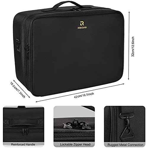 Relavel Extra Large Makeup Case and Makeup Brush Holder Bag, Professional Makeup Organizer, Large Capacity with Adjustable Dividers and Shoulder Strap (Black)