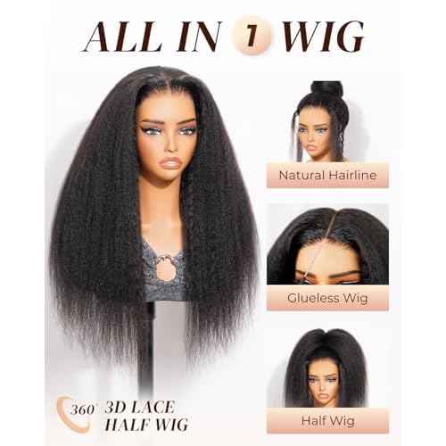 Arabella Yaki Half Wig 100% Human Hair Updated Half Wigs Yaki Straight Human Hair Glueless Wig Draw String Wigs Pre Plucked Cut Bleached Knots 6x6x2 3D Lace 3 in 1 Wig for Women 200% Density 16 Inch