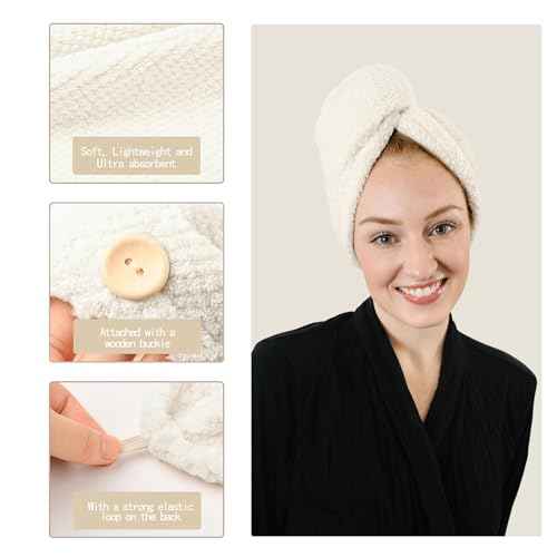 Extra Large 4 Pack Microfiber Hair Towel Wrap for Women Super Absorbent & Quick Dry Hair Drying Towels with Button, Hair Turbans for Curly Hair Long & Short Hair - Anti-Frizz (green pinstripe)