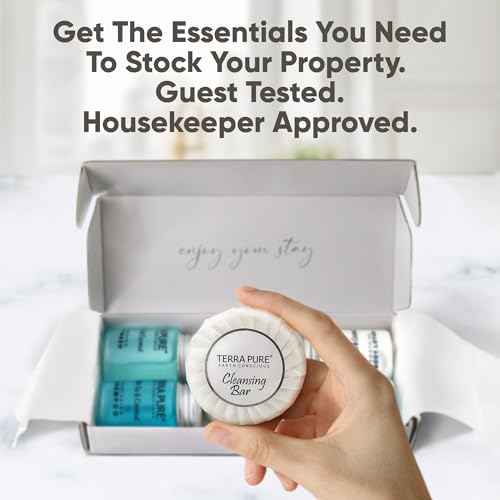 Terra Pure White Tea & Coconut Amenity & Accessory Kit |1oz Travel Size Shampoo, Conditioner, Lotion, Body Wash, 2 Cleansing Bars, Shave & Dental Sets, Make-Up Remover Wipes, & Vanity Kit | 15 Boxes