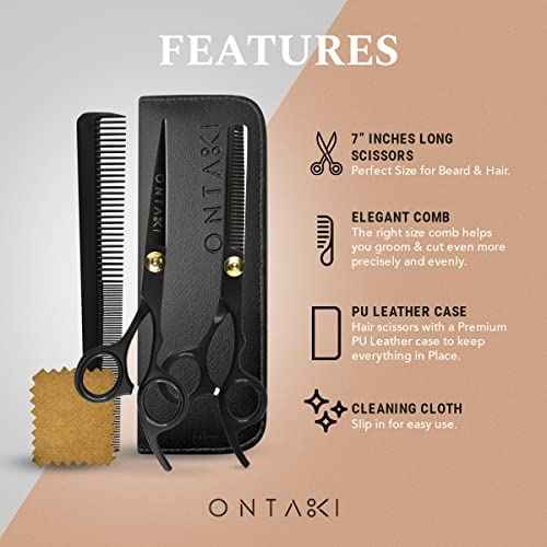 Ontaki Hair Cutting & Thinning Japanese Steel Shears Kit - 7-Inch, Black - Professional Hair Shears - Stainless Steel Thinning Scissors - Barber Scissors Kit with Comb & Pouch